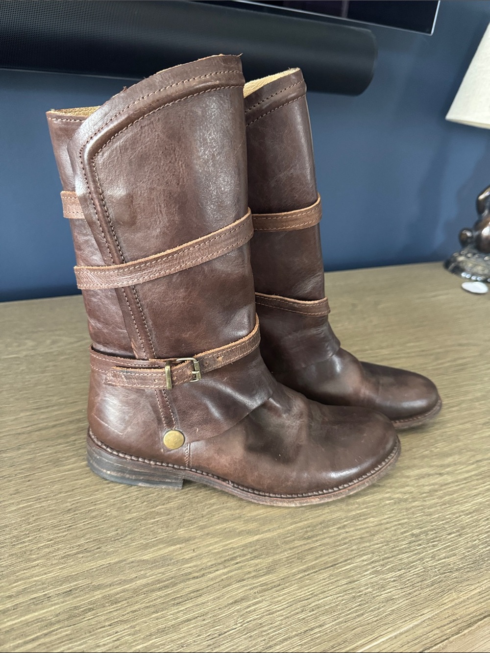 HOLDING HORSES Anthropology Brown Leather Mid-Calf Strap Riding Boots Sz 6